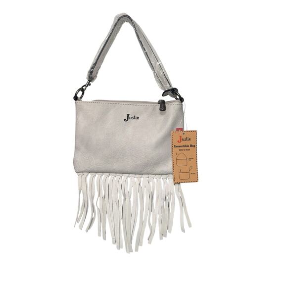 NWT! Justin Women's White Western Fringe Convertible Mini Shoulder Wristlet Bag - Picture 3 of 6